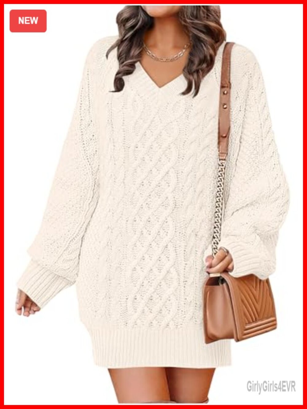 Oversized V Neck Cable Knit Sweater Dress Long Sleeve Pullover